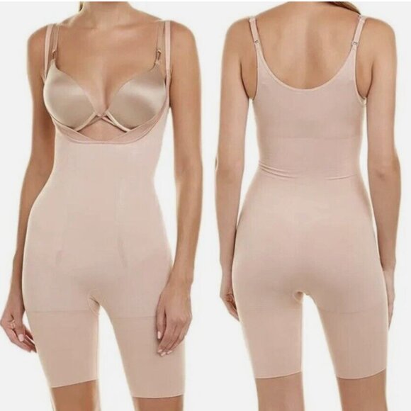 SPANX Slimmer & Shine Open-Bust Mid-Thigh Shapewear Bodysuit Womens L Rose Gold - Picture 1 of 8